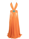 Roberto Cavalli Pleated Silk V-neck Gown In Orange