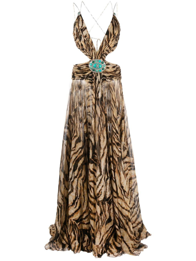 Roberto Cavalli Freedom-print Cut-out Gown In Neutrals