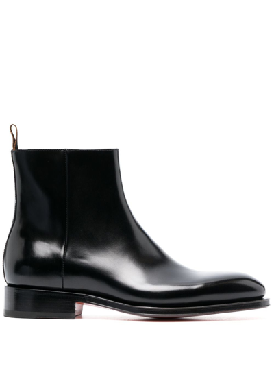 Santoni Almond-toe Leather Boots In Black