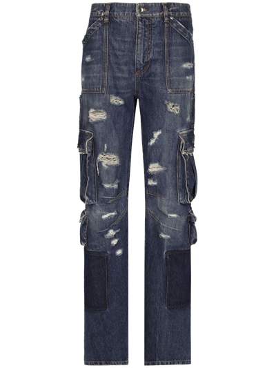 Dolce & Gabbana Distressed Cargo Straight-leg Jeans In Blue