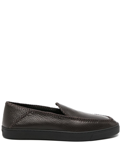 Giorgio Armani Whipstitch-detail Leather Loafers In Brown