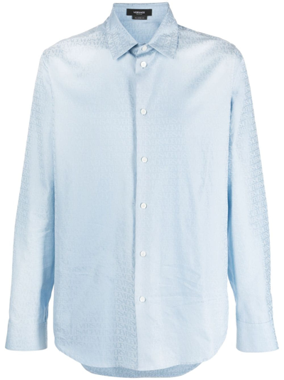 Versace Allover-jacquard Poplin Shirt In Blue