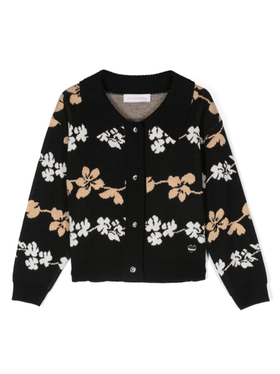 Monnalisa Kids' Patterned Floral-print Fine-knit Cardigan In Black