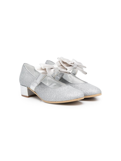 Monnalisa Kids' 35mm Oversized-bow Ballerina Shoes In Silver