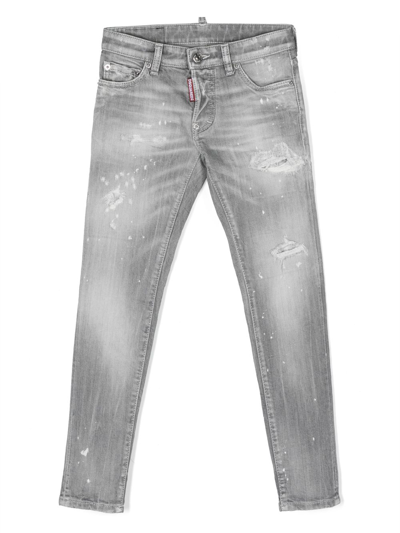 Dsquared2 Kids' Distressed Cotton Skinny Jeans In Grey