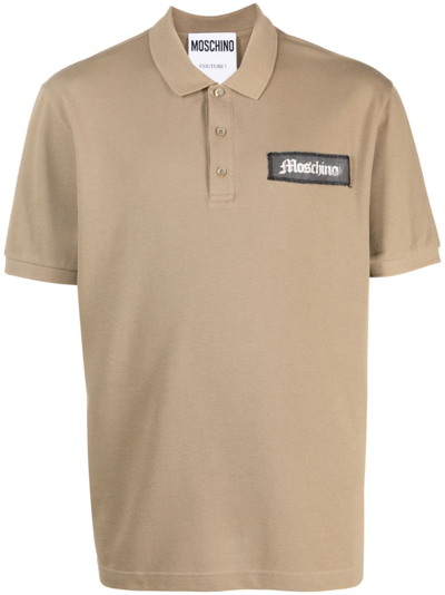 Moschino Logo-patch Cotton Polo Shirt In Neutrals
