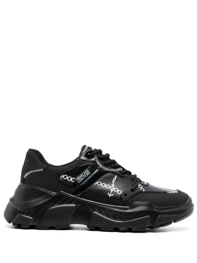 Versace Jeans Couture Chain-link Print Leather Sneakers In Black