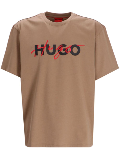 Hugo Double Logo-print Jersey T-shirt In Brown