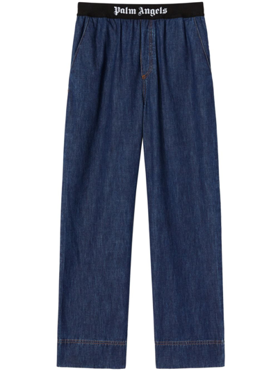 Palm Angels Logo-waistband Wide-leg Jeans In Blue