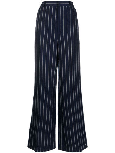 Polo Ralph Lauren Women's Striped Jacquard Linen Wide-leg Pants In Navy Cream Stripe