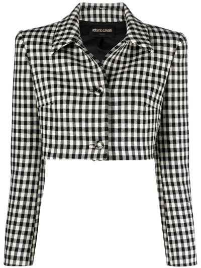 Roberto Cavalli Checked Wool Blend Cropped Blazer In White/black