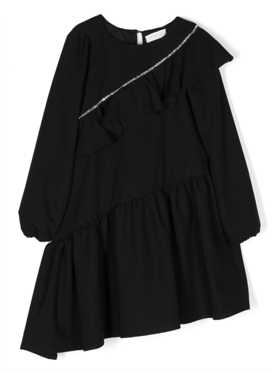 Monnalisa Kids' Crystal-embellished Asymmetric Dress In Black