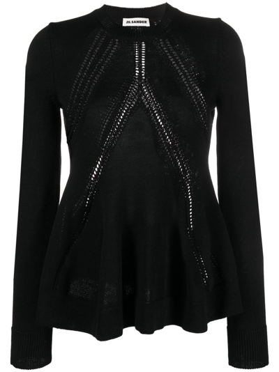 Jil Sander Long-sleeved Knitted Peplum Top In Black