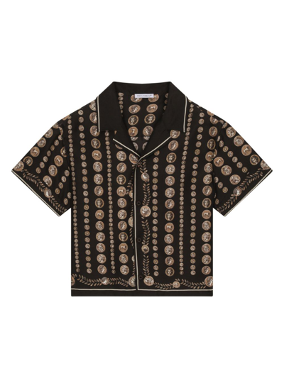 Dolce & Gabbana Kids' Short-sleeved Silk Shirt With Coin Print In Black