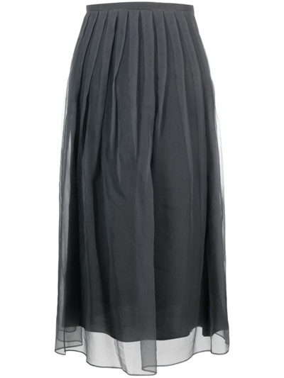 Brunello Cucinelli Pleated Tulle Midi Skirt In Grey