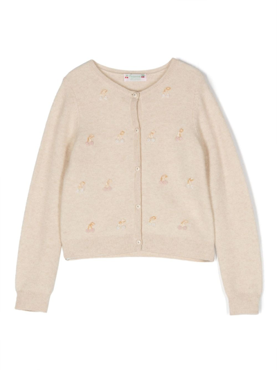 Bonpoint Kids' Faux-pearl Cherry-embellished Cardigan In Neutrals