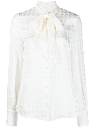 Msgm Gathered Tie-neck Houndstooth-pattern Blouse In White