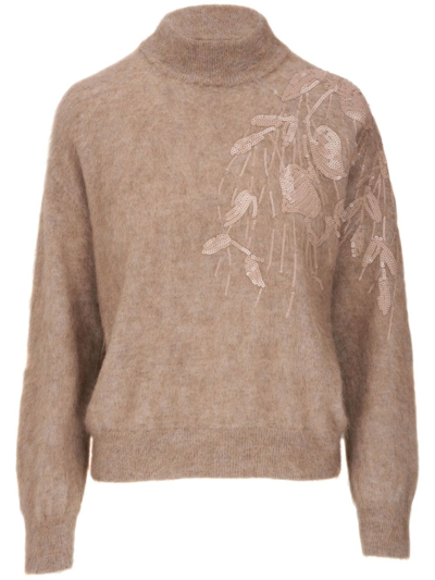 Brunello Cucinelli Floral-embroidered Mock-neck Jumper In Brown