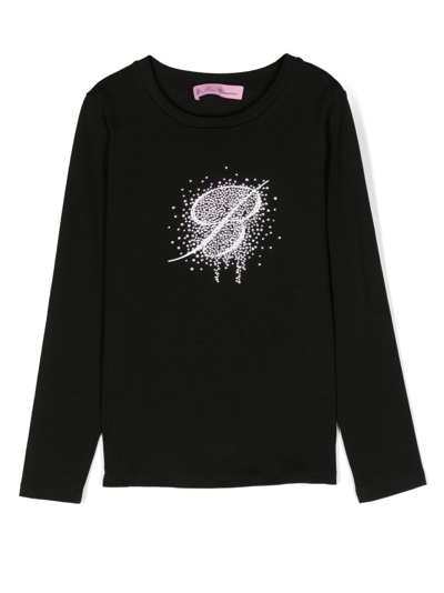 Miss Blumarine Kids' Rhinestone-logo Cotton T-shirt In Black