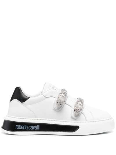 Roberto Cavalli Rhinestone-embellished Leather Sneakers In Blanco