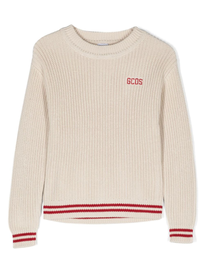 Gcds Kids' Logo Intarsia-knit Cotton Jumper In Neutrals