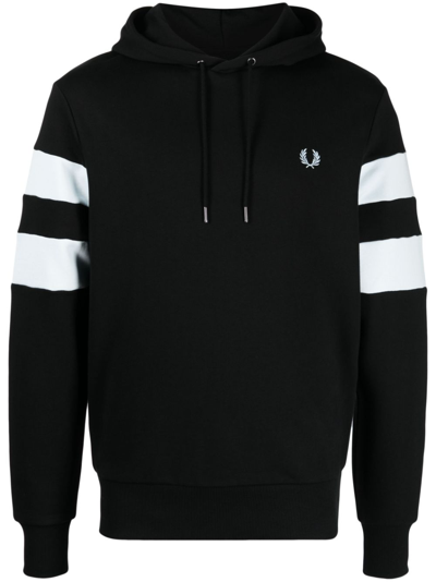 Fred Perry Striped Sleeve Cotton Hoodie In Black