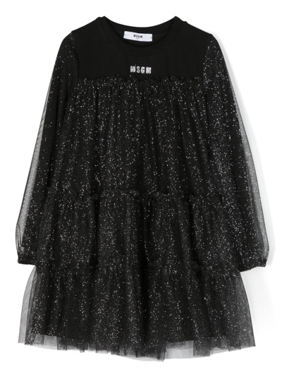 Msgm Kids' Glitter-embellished Flared Dress In Black