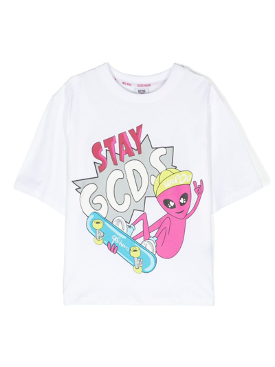 Gcds Kids' Graphic-print Cotton T-shirt In White