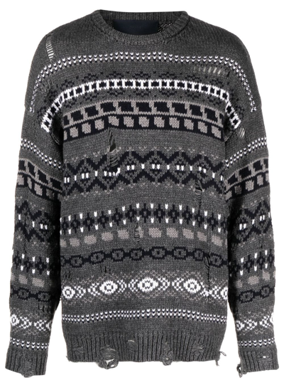 Juunj Patterned-intarsia Ripped Sweatshirt In Grey