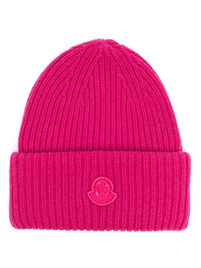 Moncler Wool Knit Beanie With Logo Patch In Pink &amp; Purple