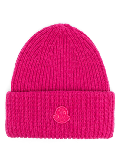 Moncler Wool Knit Beanie With Logo Patch In Fuchsia