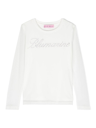 Miss Blumarine Kids' Rhinestone-logo Long-sleeve T-shirt In White