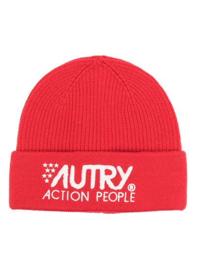 Autry Logo-embroidered Ribbed-knit Beanie In Red