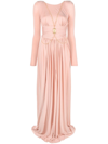 Elisabetta Franchi Gathered Long-sleeve Flared Gown In Neutrals