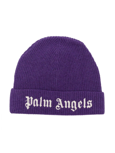 Palm Angels Kids' Logo-embroidered Ribbed Beanie In Purple