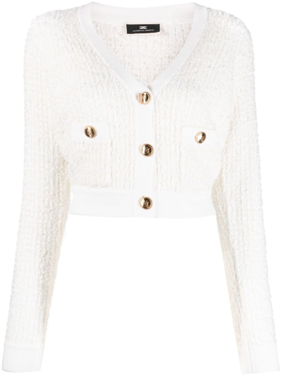 Elisabetta Franchi Engraved-buttons V-neck Fitted Cardigan In Neutrals