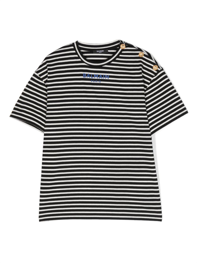 Balmain Kids' Logo-print Striped Cotton T-shirt In Black