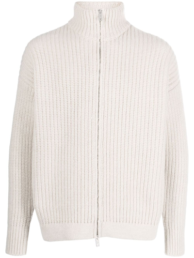 Emporio Armani English Rib-knit V-neck Cardigan With Zip In A Wool Blend In Grey