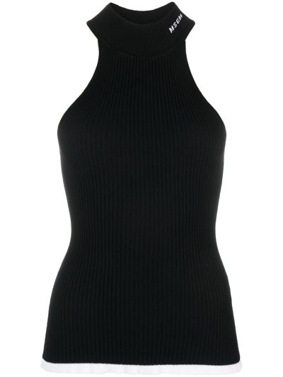 Msgm Intarsia-knit Logo Halterneck Top In Black