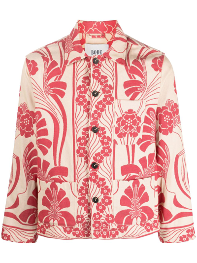 Bode Nouveau Monstera Cotton Shirt In Red