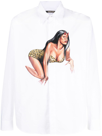 Roberto Cavalli Graphic-print Long-sleeve Cotton Shirt In White