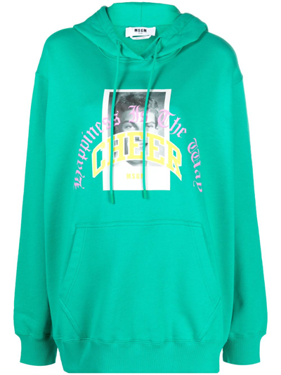 Msgm Graphic-print Jersey Cotton Hoodie In Green