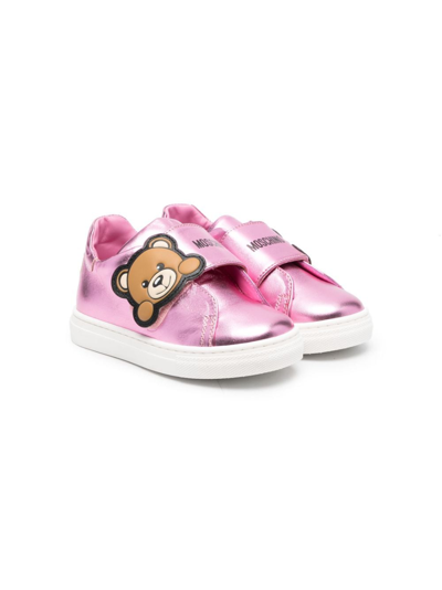 Moschino Kids' Teddy Bear Metallic-finish Sneakers In Pink