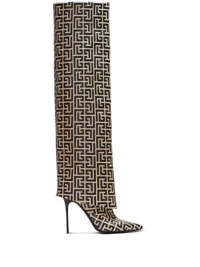 Balmain Monogram-print Ariel Knee-high Boots 95 In Black