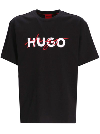 Hugo 双logo印花平纹针织t恤 In Black