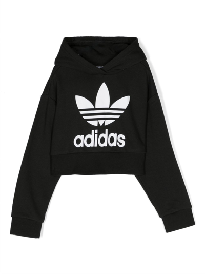 Adidas Originals Kids' Trefoil-logo Cropped Hoodie In Black