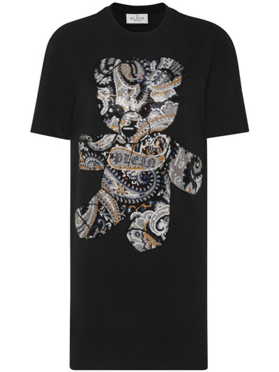 Philipp Plein Teddy Bear-print Cotton Minidress In Black