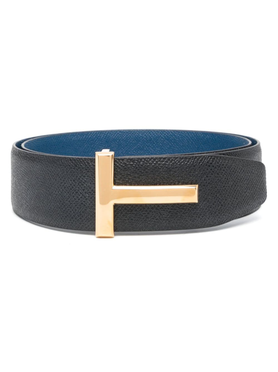 Tom Ford Logo-plaque Reversible Leather Belt In Blue