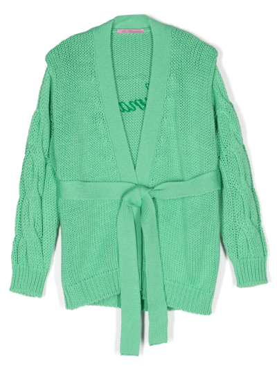 Miss Blumarine Kids' Logo-embroidered Belted Cardigan In Green