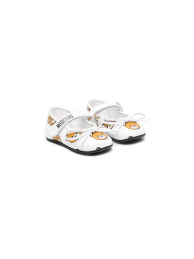 Moschino Babies' Teddy Bear Leather Ballerina Shoes In White